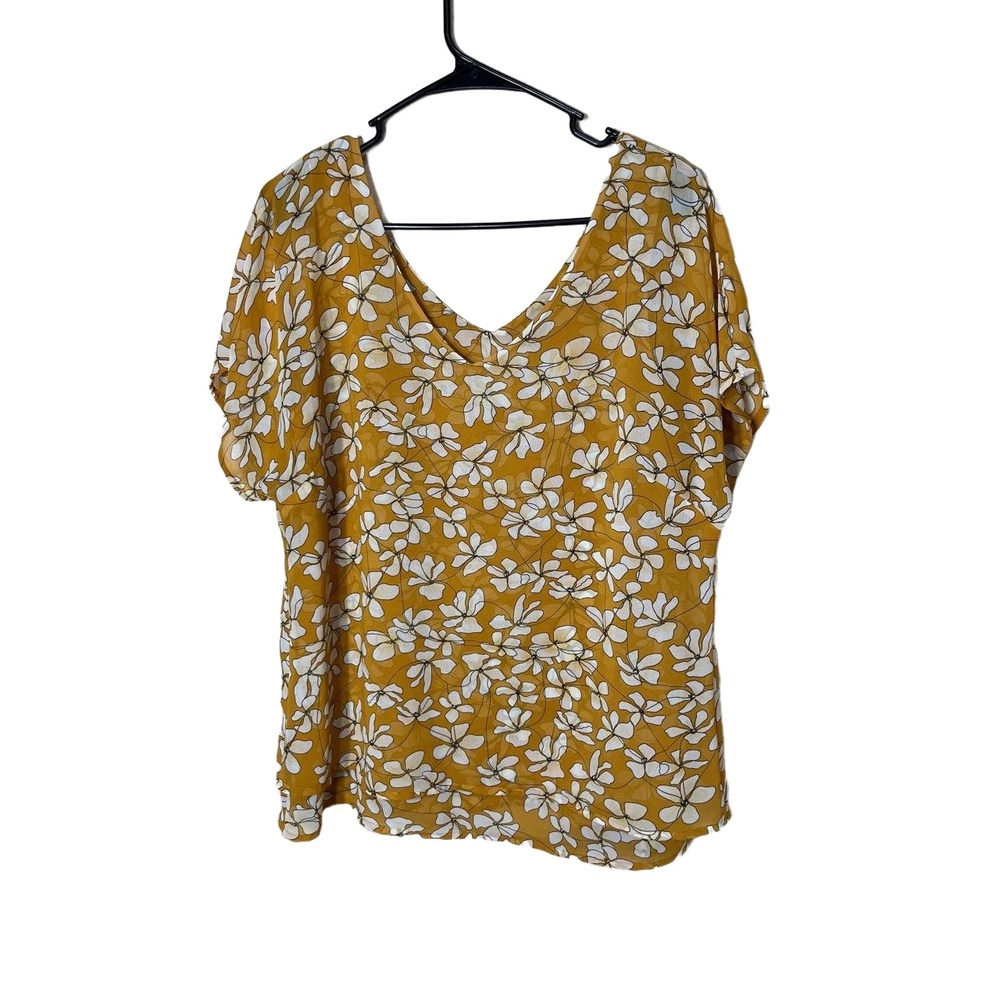 cabi Mustard Yellow Floral Print VNeck Short Sleeve‎ Blouse Womens Medium